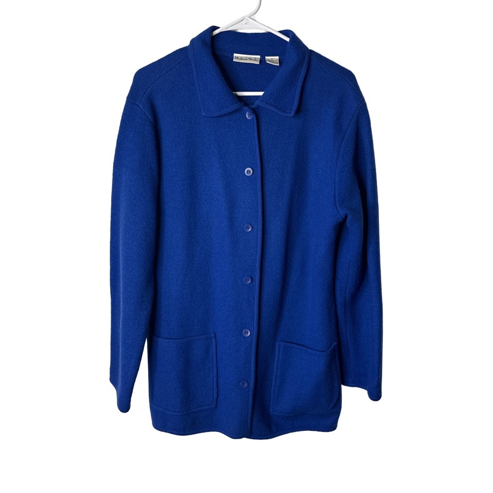 MADISON STUDIO Women’s Royal Blue Merino Wool Collared Cardigan Sweater Button M